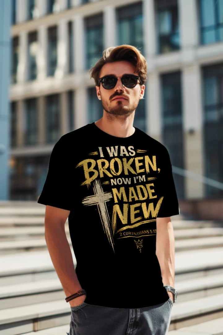 I Was Broken Now I'm Made New Tee | 2 Corinthians 5:17 | Vintage Garment-Dyed Christian Streetwear | Kingdom Stitch Wear